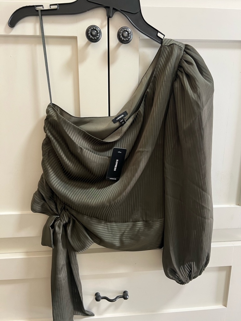 Express One-Shoulder Olive Green Satin Blouse Top